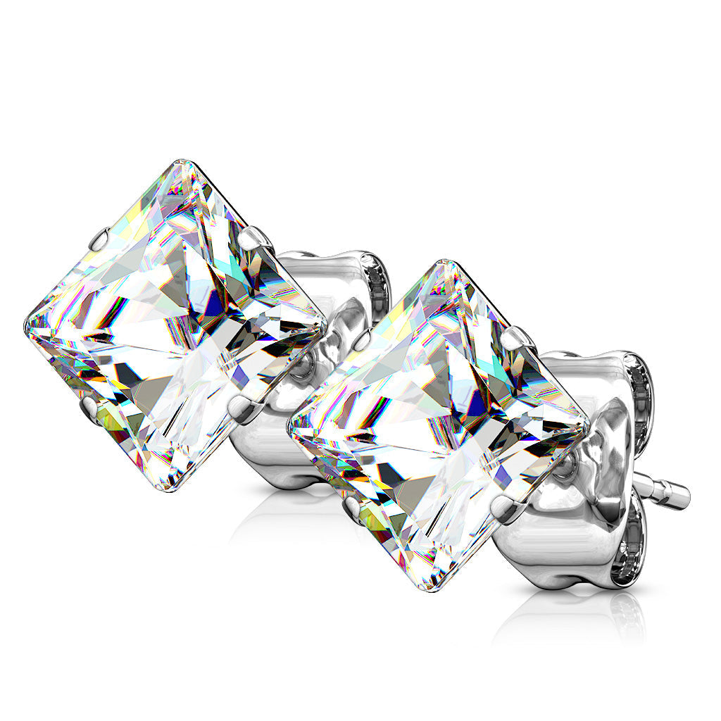 Cherry Diva Earrings Silver 20 Gauge Hypoallergenic Stainless Steel Crystal Square Stud Earrings