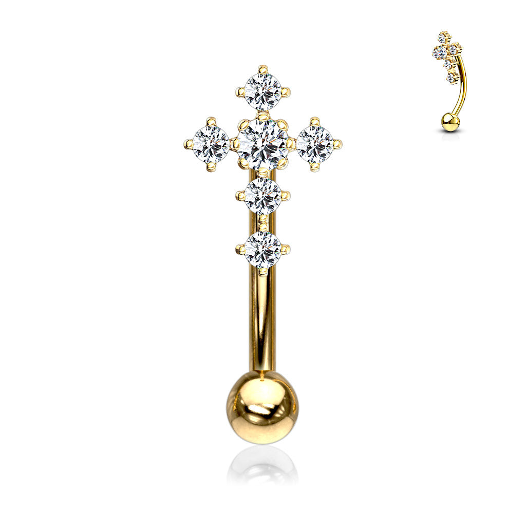 Cherry Diva Eyebrow Bar Gold 16 Gauge Crystal Cross Eyebrow Barbell