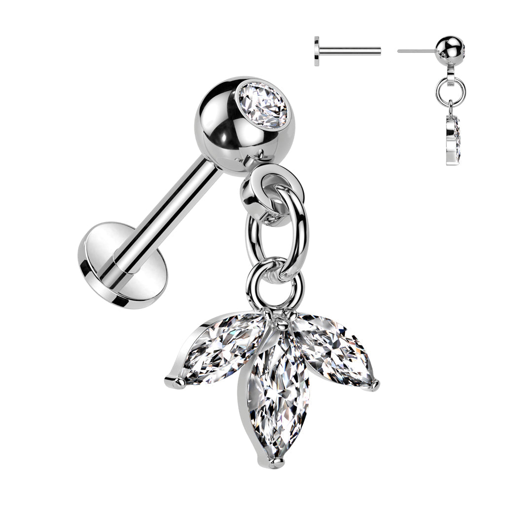 Cherry Diva Flat Back Stud Silver 16 Gauge Dangling Crystal Flower Press Fit Flat Back Stud