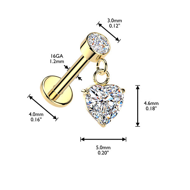 Cherry Diva Flat Back Stud 16 Gauge Hypoallergenic Internally Threaded Dangling Heart Stud