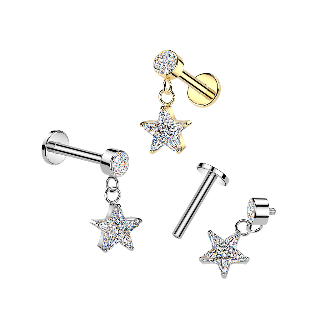 Cherry Diva Flat Back Stud 16 Gauge Hypoallergenic Internally Threaded Dangling Star Stud