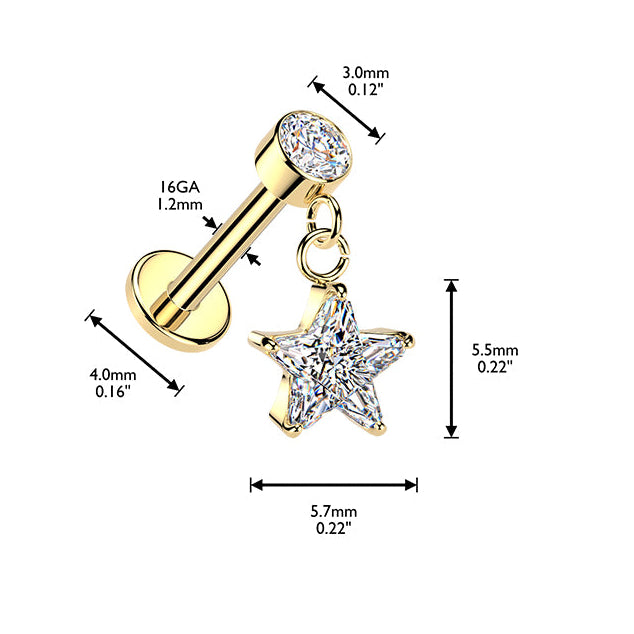 Cherry Diva Flat Back Stud 16 Gauge Hypoallergenic Internally Threaded Dangling Star Stud