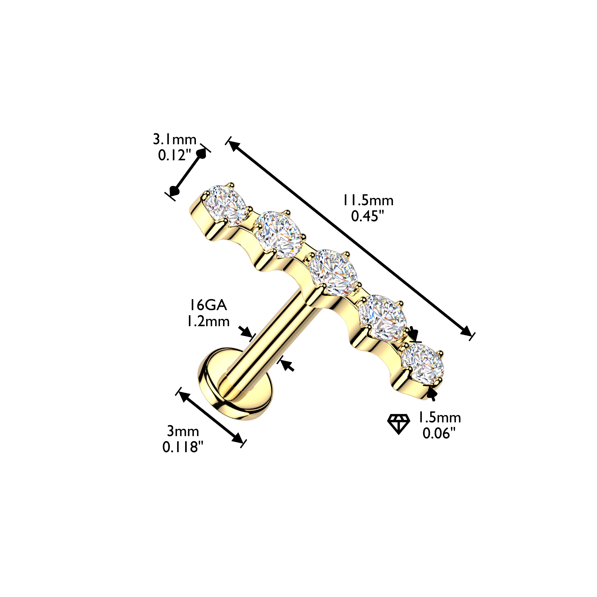 Cherry Diva Flat Back Stud 16 Gauge Hypoallergenic Surgical Steel 5 Crystal Row Stud