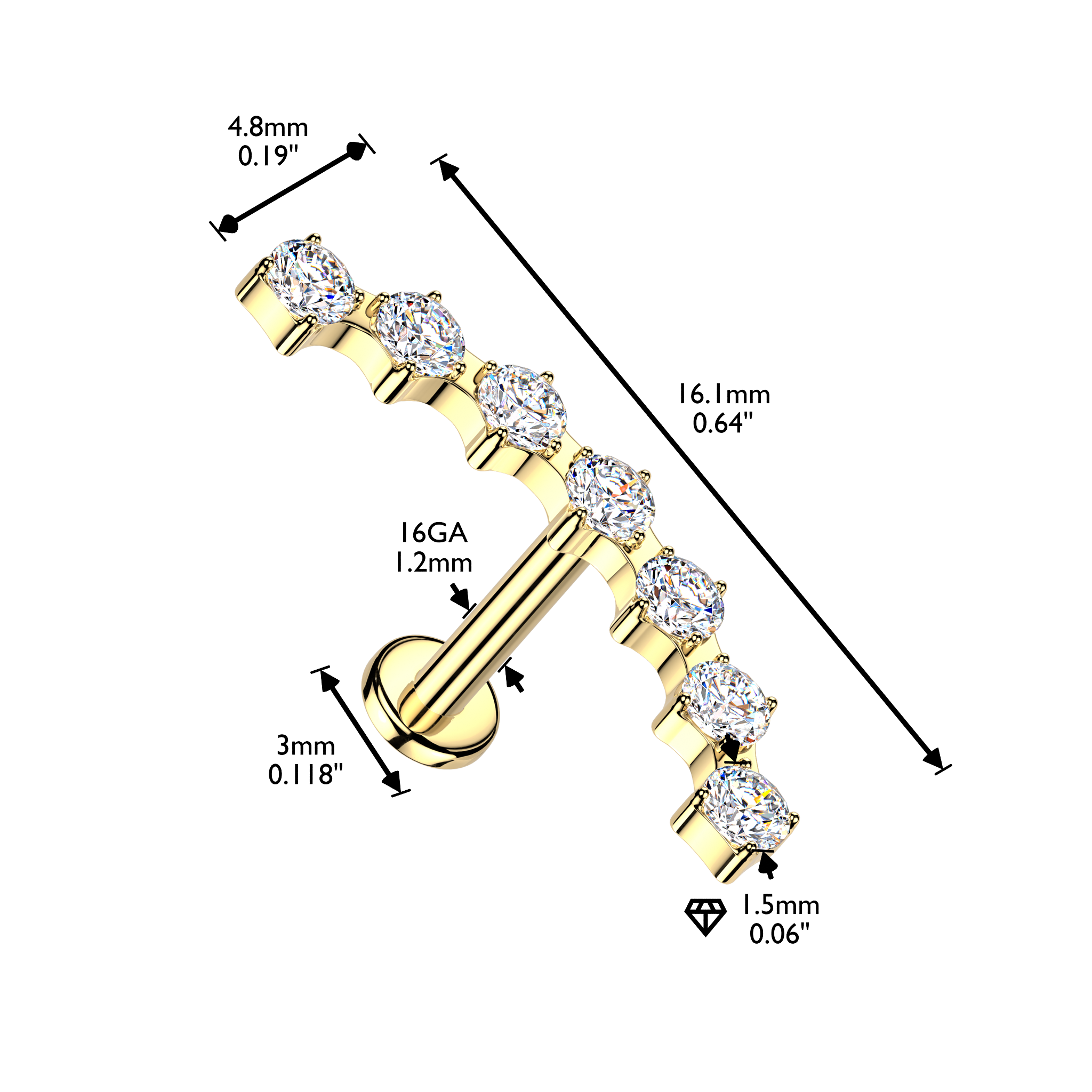 Cherry Diva Flat Back Stud 16 Gauge Hypoallergenic Surgical Steel 7 Crystal Row Stud
