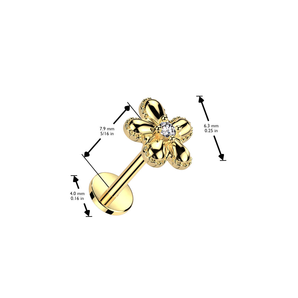 Cherry Diva Flat Back Stud 16 Gauge Internally Threaded Crystal Centre Flower Piercing Stud