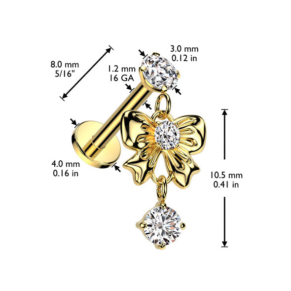 Cherry Diva Flat Back Stud 16 Gauge Internally Threaded Dangling Crystal Bow Stud