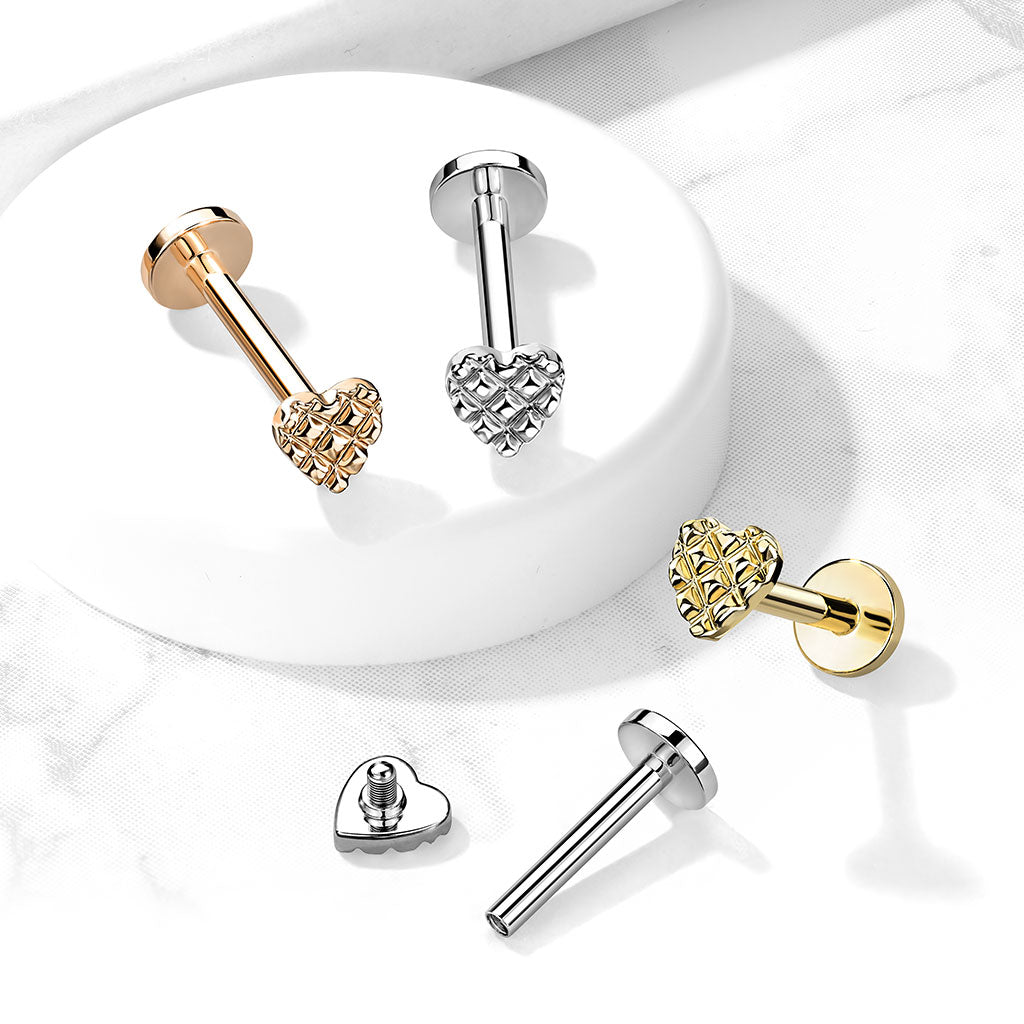 Cherry Diva Flat Back Stud 16 Gauge Internally Threaded Embossed Heart Stud