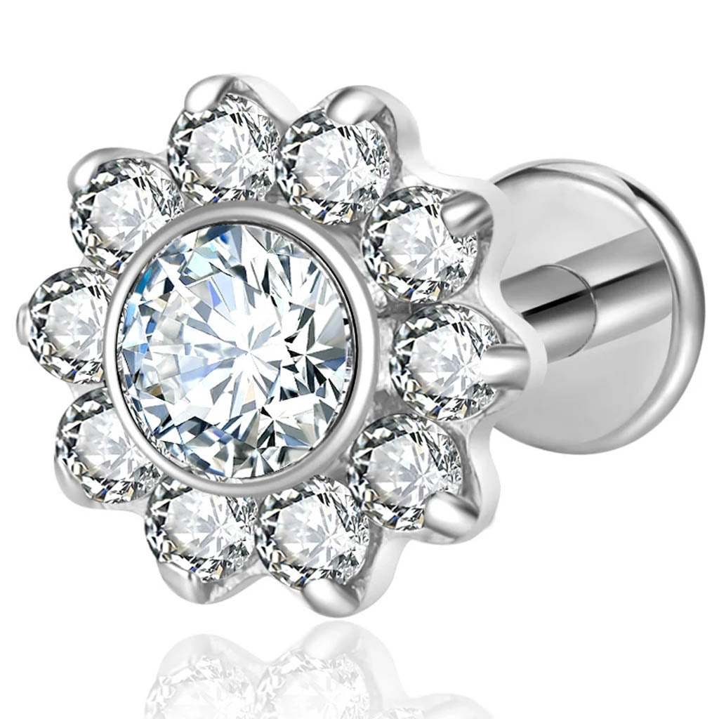 Cherry Diva Flat Back Stud 16 Gauge Internally Threaded Titanium Crystal Flower Stud