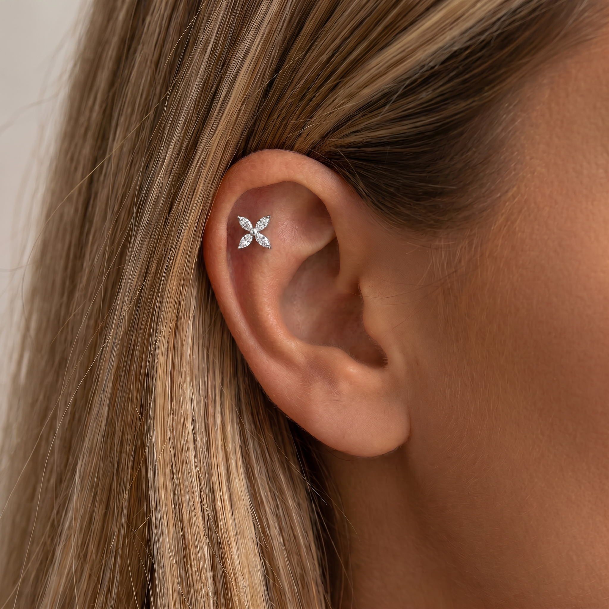 Cherry Diva Flat Back Stud 16 Gauge Internally Threaded Titanium Crystal Flower Stud