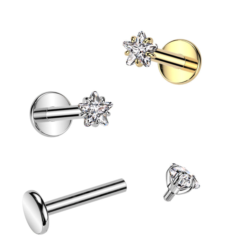 Cherry Diva Flat Back Stud 16 Gauge Internally Threaded Titanium Crystal Star Stud