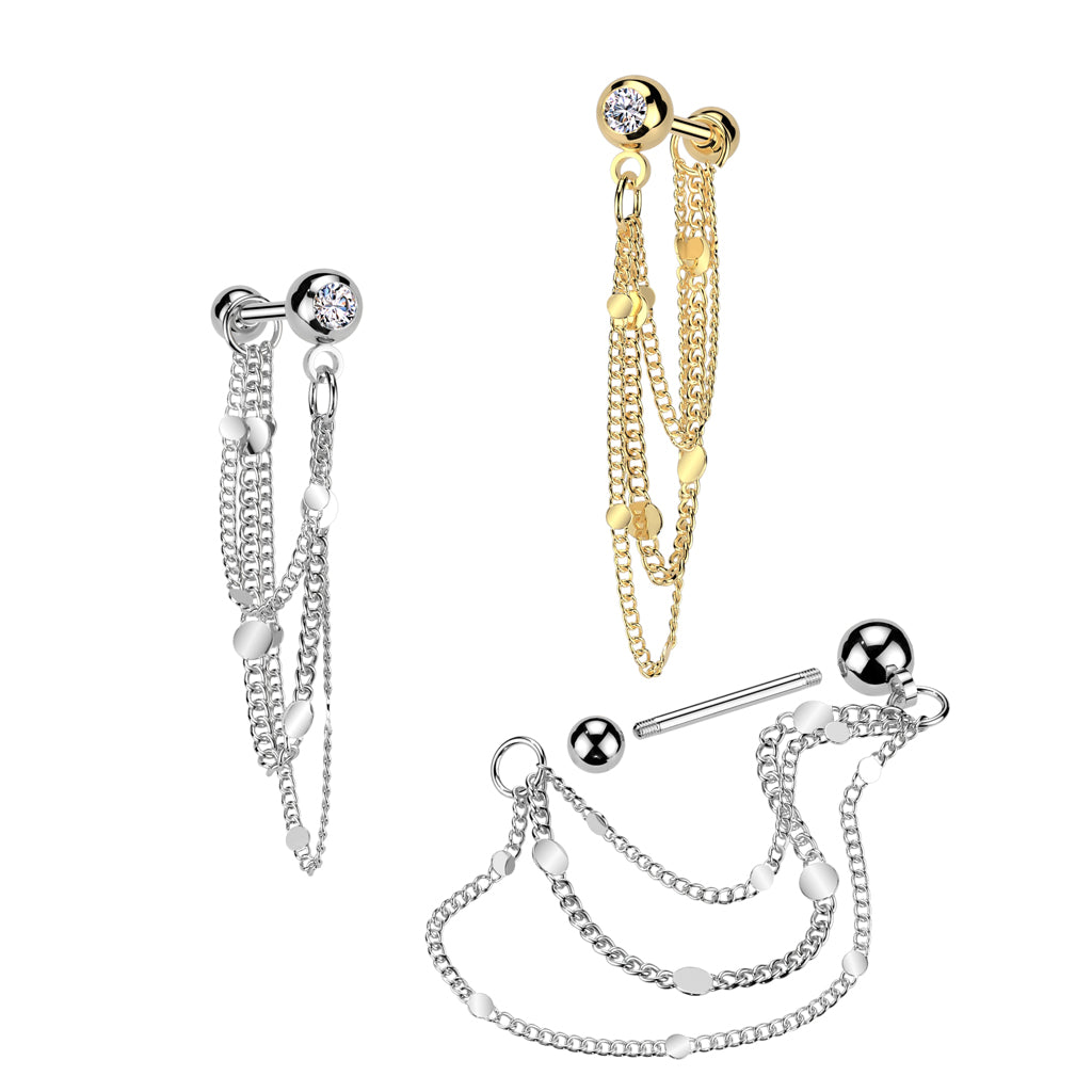 Cherry Diva Flat Back Stud 16 Gauge Silver Threadless Dangling Chain Barbell Stud