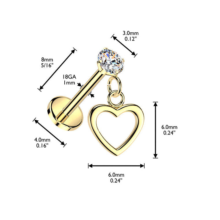 Cherry Diva Flat Back Stud 16 Gauge Threadless Dangling Hollow Heart Stud