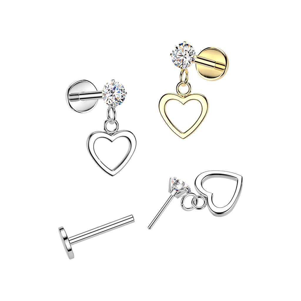 Cherry Diva Flat Back Stud 16 Gauge Threadless Dangling Hollow Heart Stud