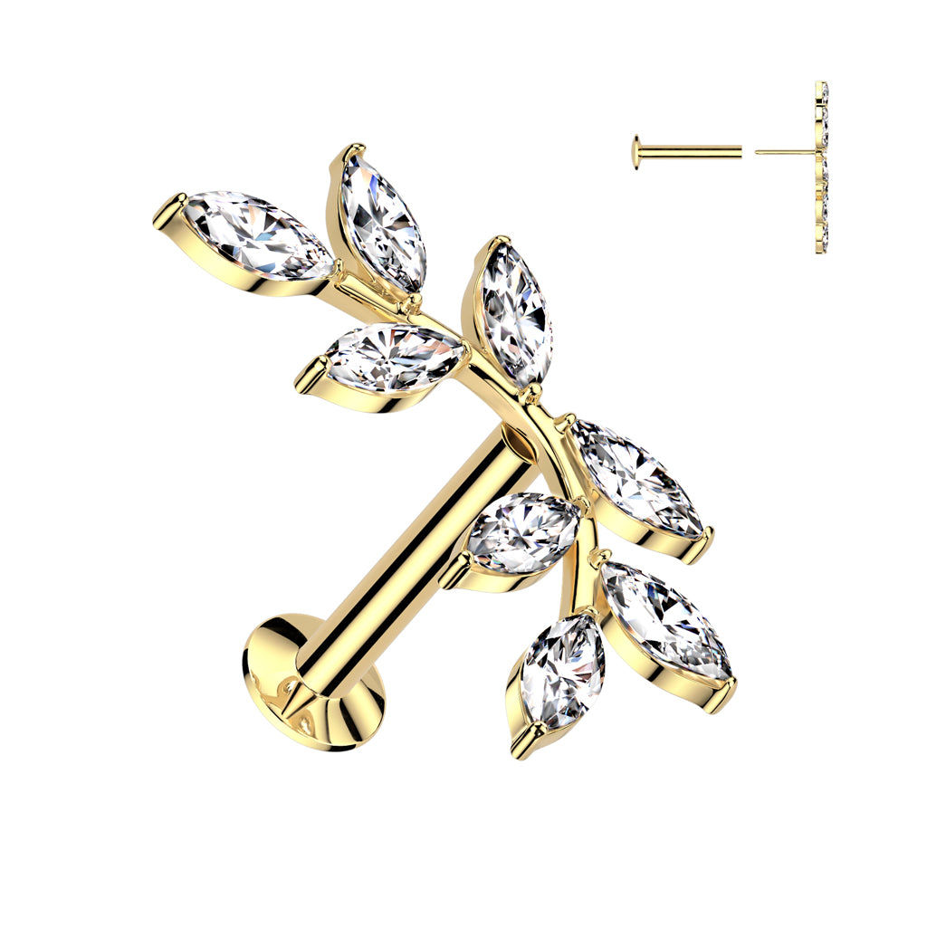 Cherry Diva Flat Back Stud 16 Gauge Threadless Gold Crystal Petal Cartilage Stud