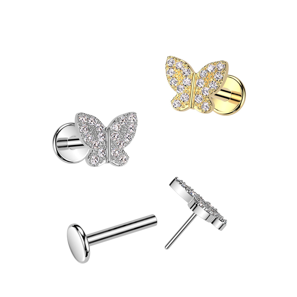 Cherry Diva Flat Back Stud 16 Gauge Threadless Silver Crystal Butterfly Cartilage Stud