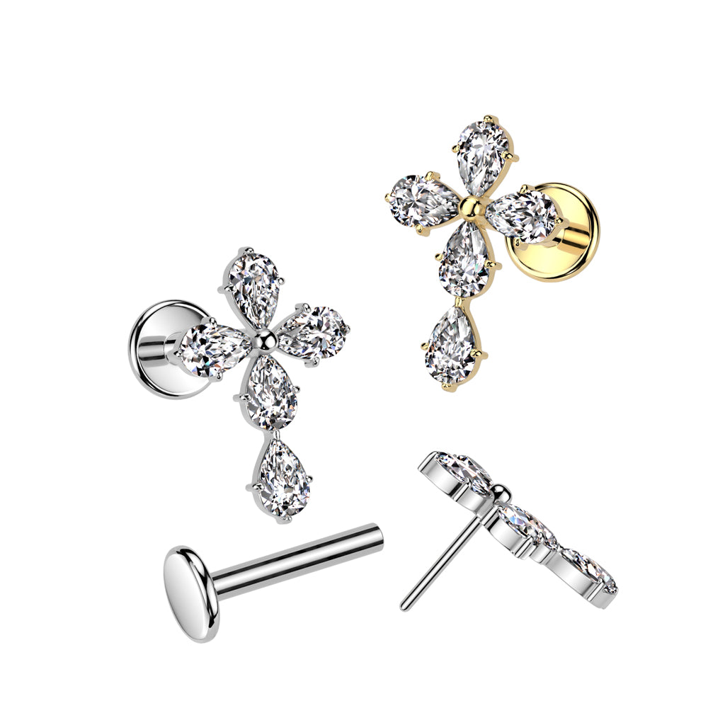 Cherry Diva Flat Back Stud 16 Gauge Threadless Silver Crystal Cross Cartilage Stud
