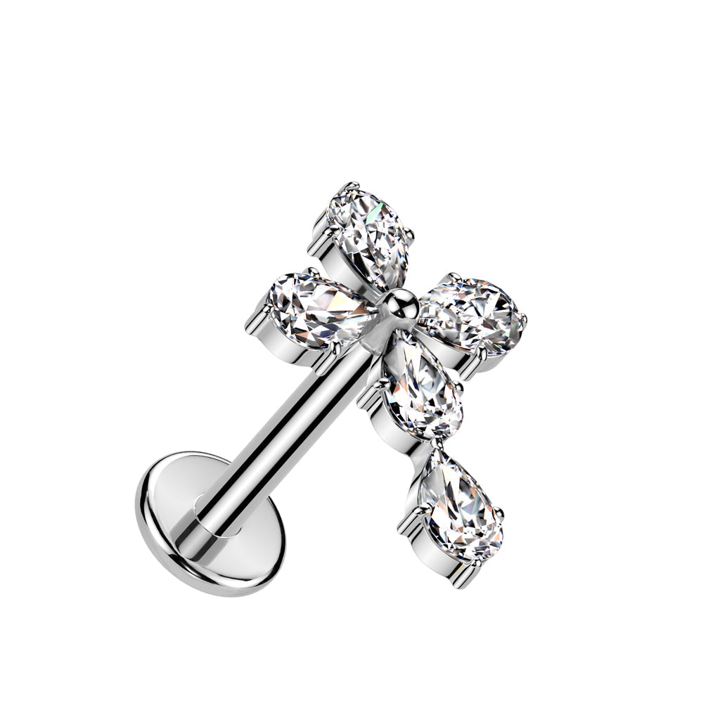 Cherry Diva Flat Back Stud 16 Gauge Threadless Silver Crystal Cross Cartilage Stud