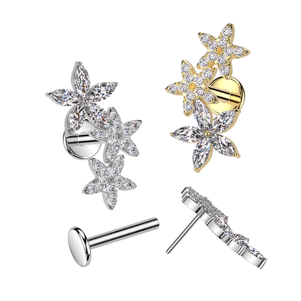 Cherry Diva Flat Back Stud 16 Gauge Threadless Silver Crystal Flower Cartilage Stud