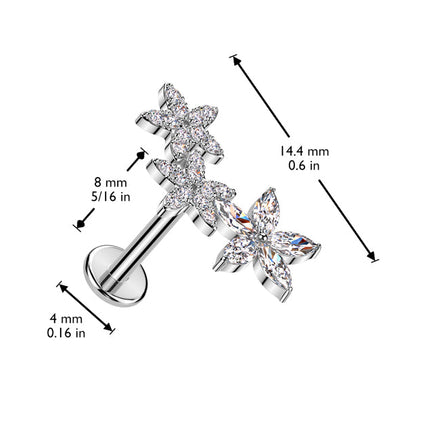 Cherry Diva Flat Back Stud 16 Gauge Threadless Silver Crystal Flower Cartilage Stud