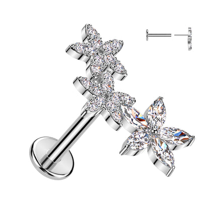Cherry Diva Flat Back Stud 16 Gauge Threadless Silver Crystal Flower Cartilage Stud