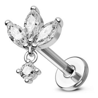 Cherry Diva Flat Back Stud 16 Gauge Threadless Titanium Dangling Crystal Flower Stud