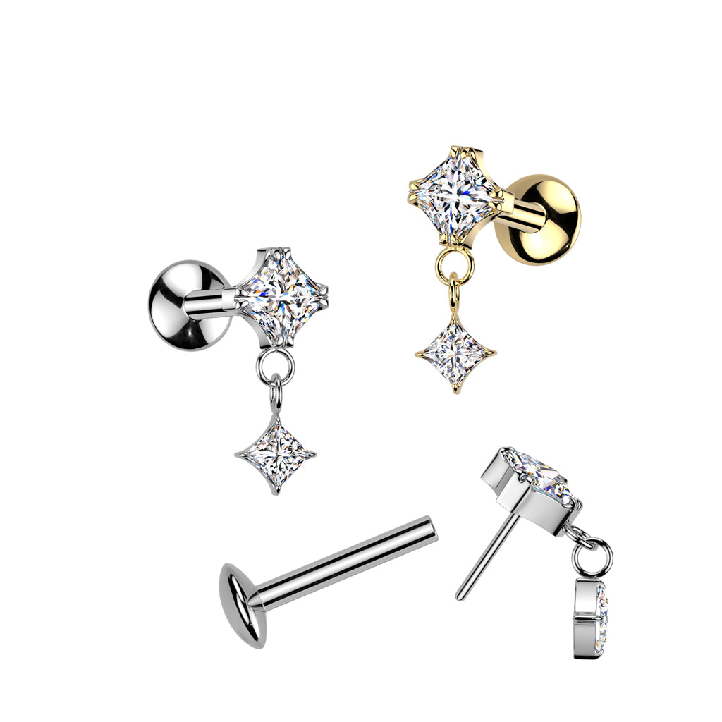 Cherry Diva Flat Back Stud 16 Gauge Threadless Titanium Dangling Crystal Stud