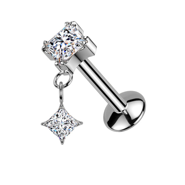 Cherry Diva Flat Back Stud 16 Gauge Threadless Titanium Dangling Crystal Stud