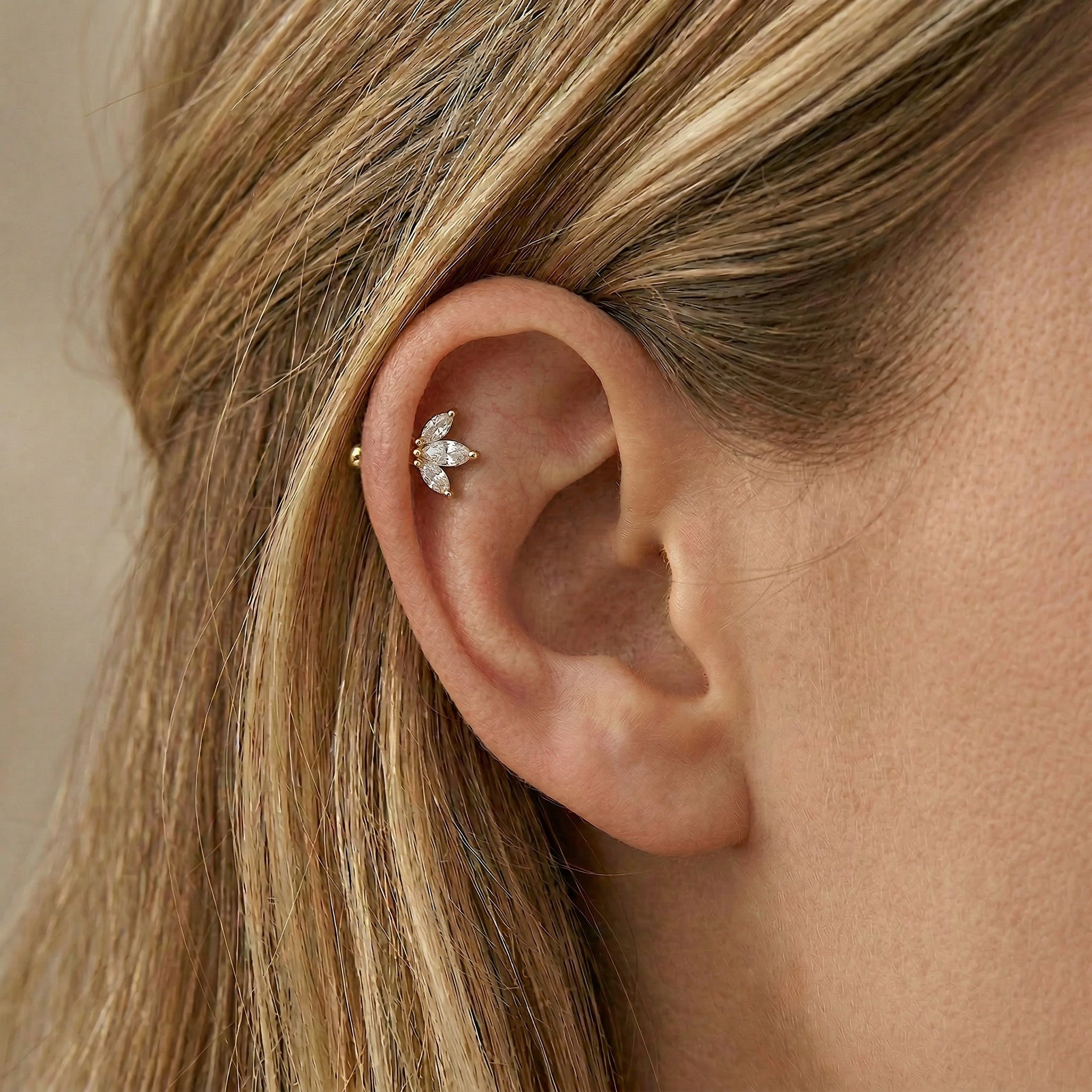 Cherry Diva Flat Back Stud 16 Gauge Threadless Titanium Triple Crystal Stud