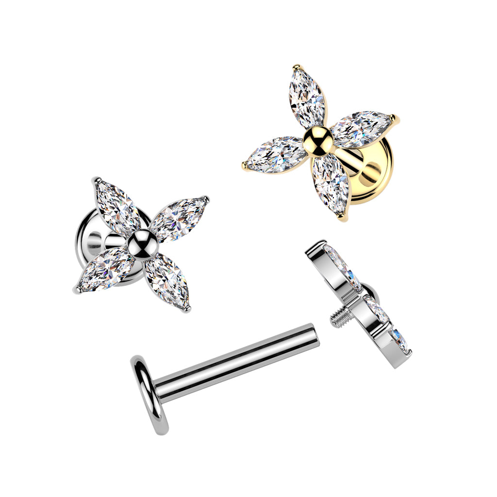 Cherry Diva Flat Back Stud 16 Gauge Titanium Internally Threaded Crystal Flower Stud