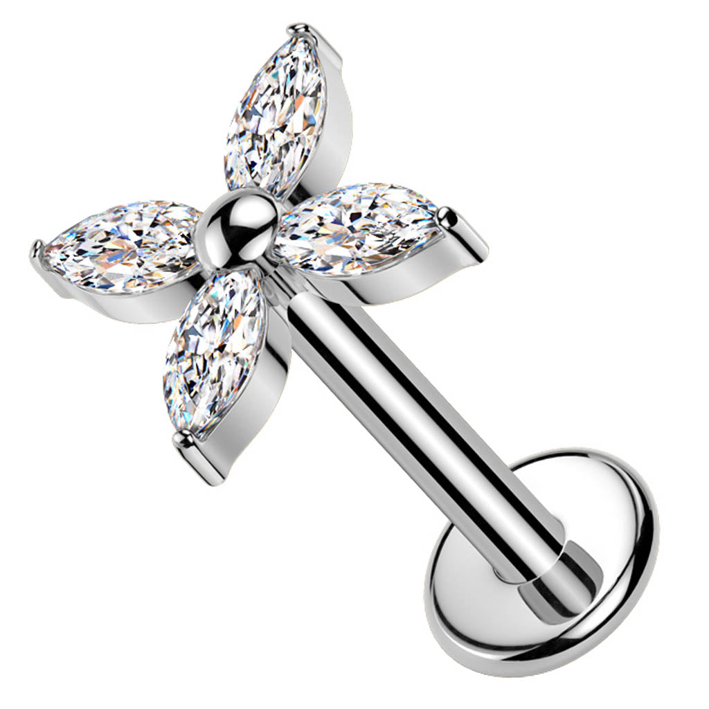 Cherry Diva Flat Back Stud 16 Gauge Titanium Internally Threaded Crystal Flower Stud