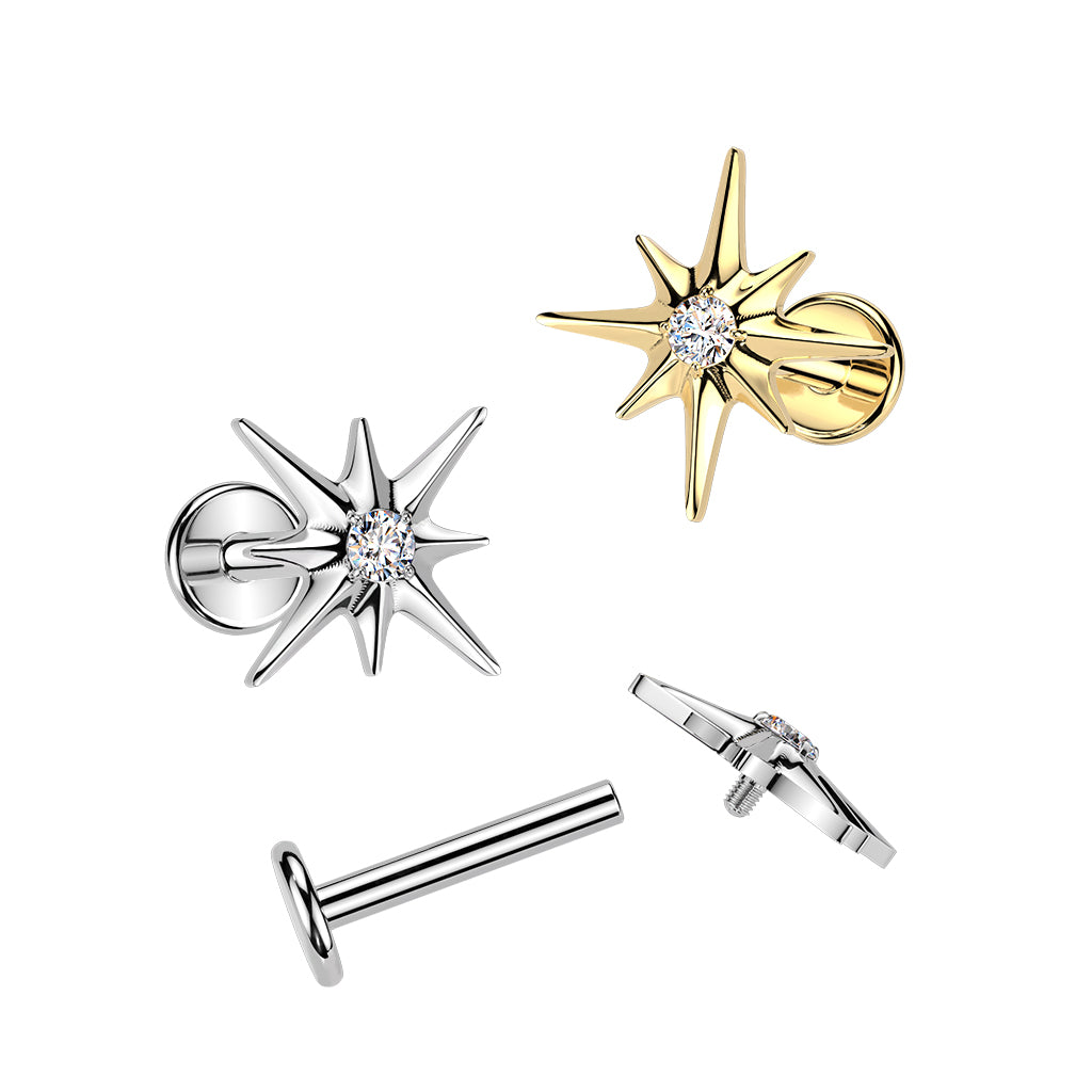 Cherry Diva Flat Back Stud 16 Gauge Titanium Internally Threaded Crystal Starburst Stud