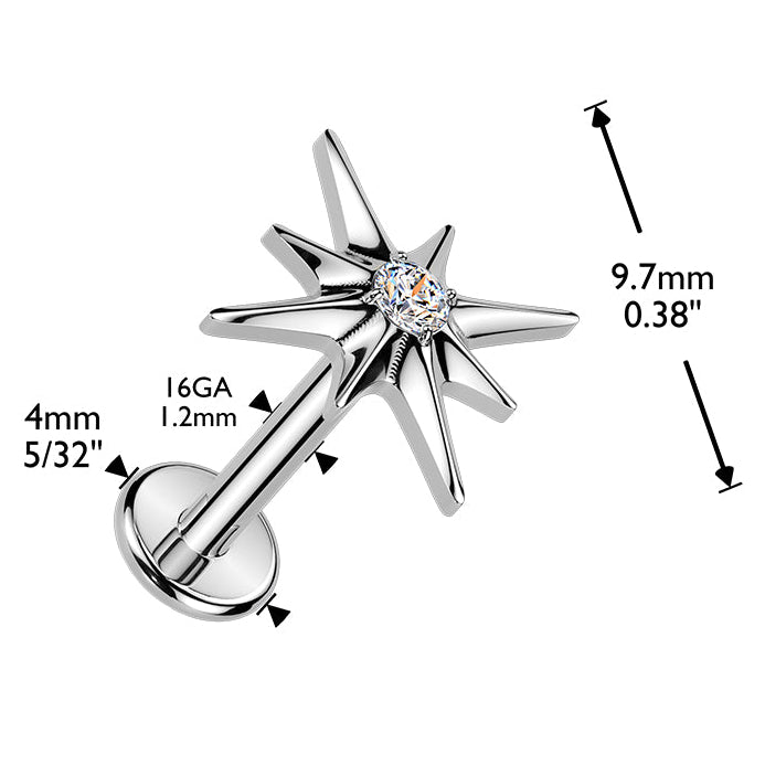 Cherry Diva Flat Back Stud 16 Gauge Titanium Internally Threaded Crystal Starburst Stud