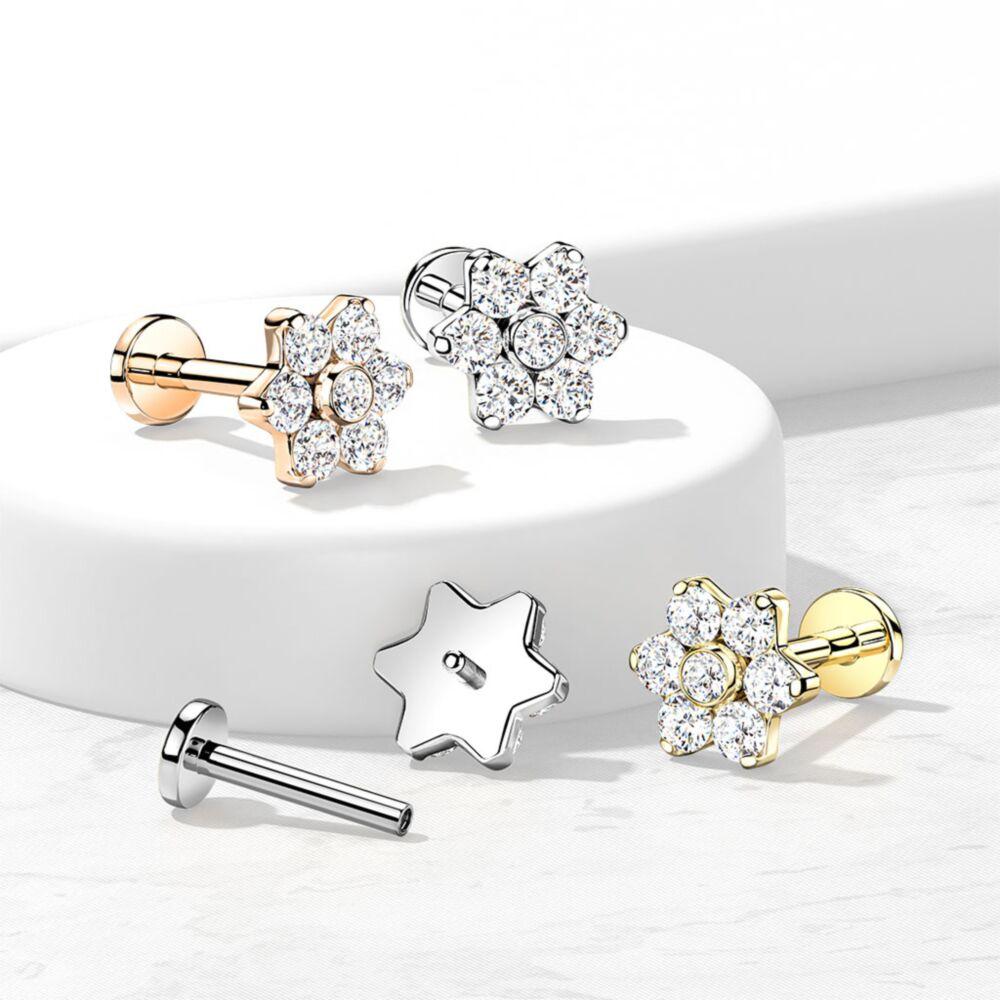 Cherry Diva Flat Back Stud 16 Gauge Titanium Internally Threaded Five Petal Crystal Flower Stud - Silver