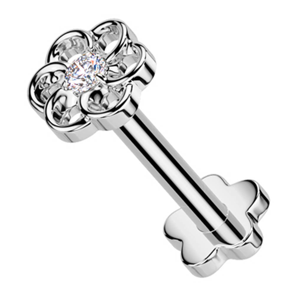 Cherry Diva Flat Back Stud 16 Gauge Titanium Threadless Crystal Flower Stud