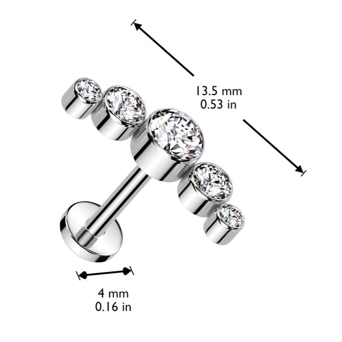 Cherry Diva Flat Back Stud 16 Gauge Titanium Threadless Five Crystal Cartilage / Labret Stud