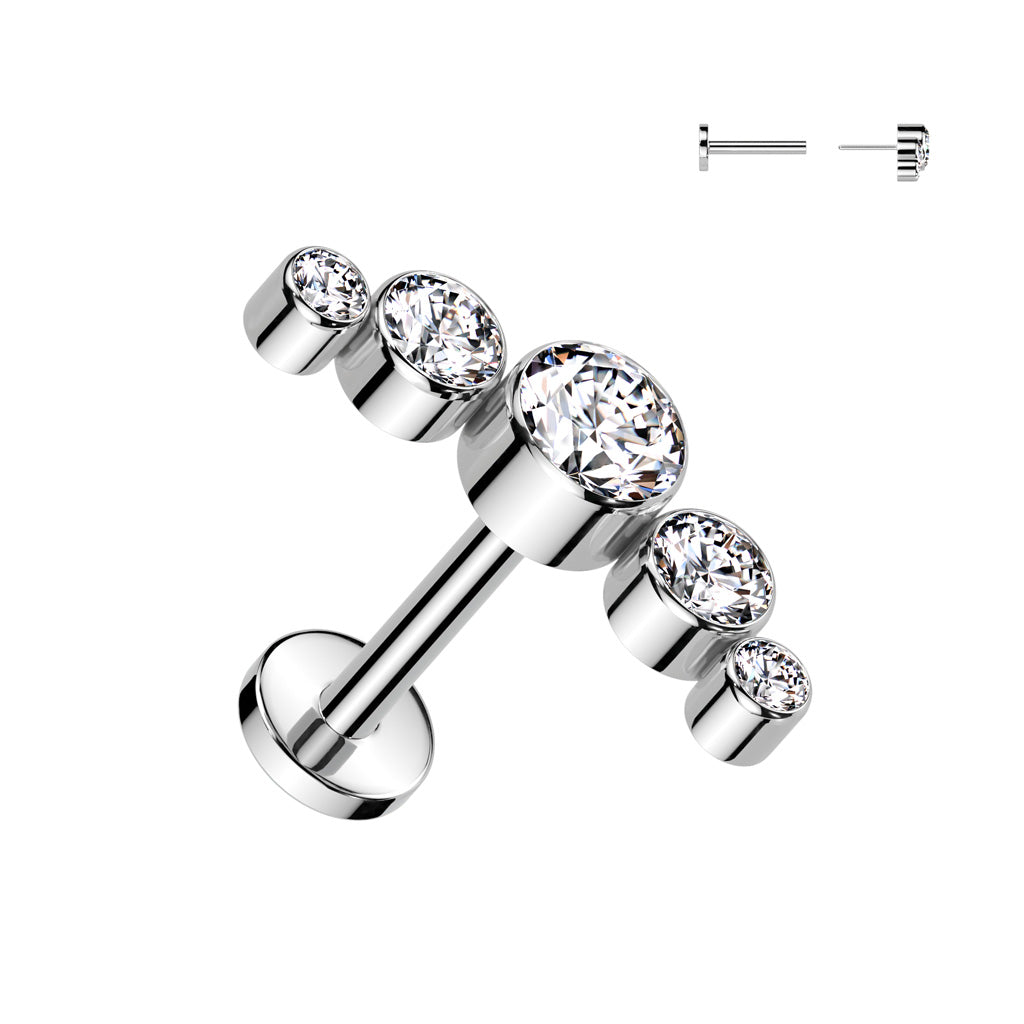 Cherry Diva Flat Back Stud 16 Gauge Titanium Threadless Five Crystal Cartilage / Labret Stud