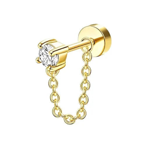 Cherry Diva Flat Back Stud 20 Gauge Gold Plated Crystal & Chain Stud
