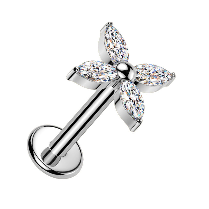 Cherry Diva Flat Back Stud 6MM 16 Gauge Titanium Internally Threaded Crystal Flower Stud