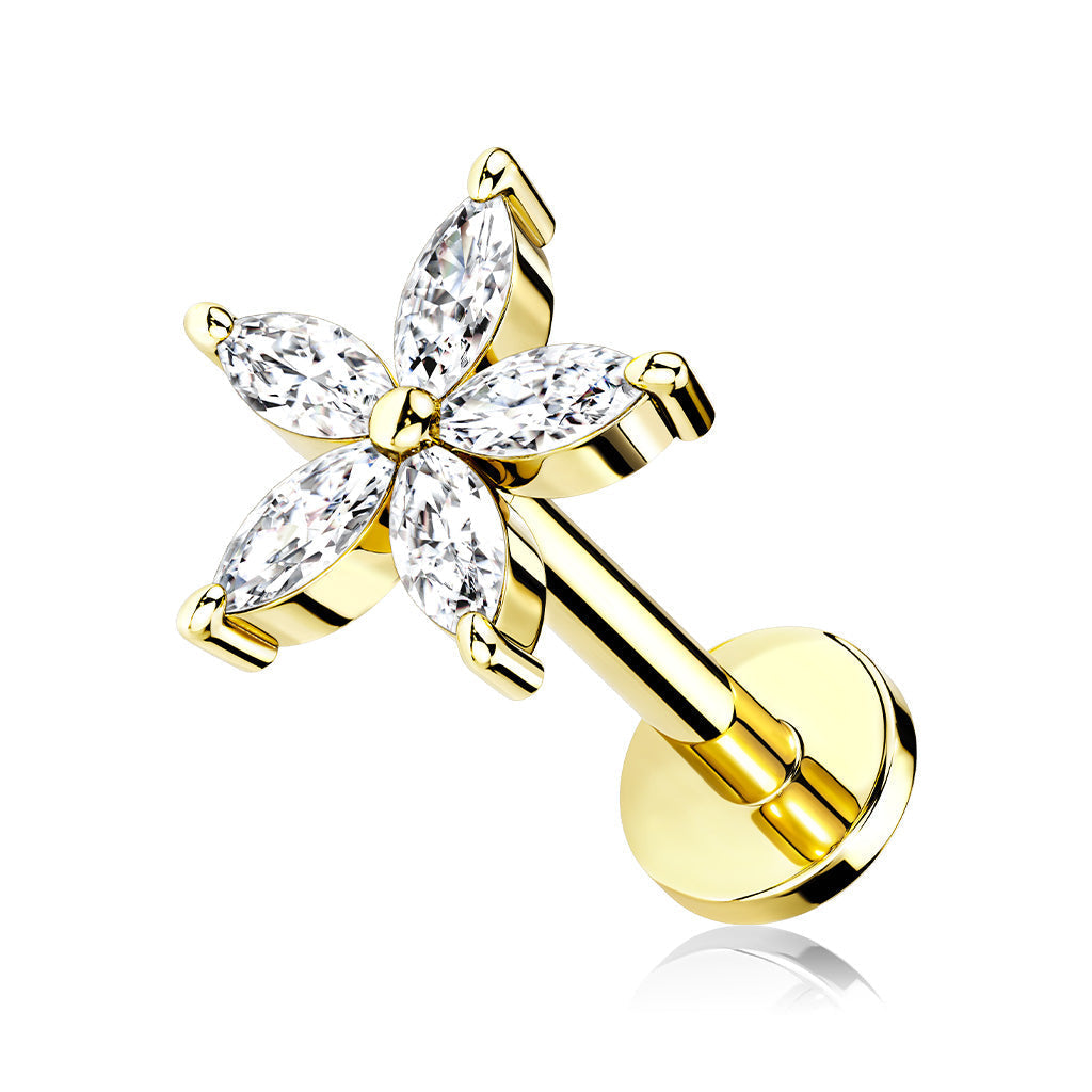 Cherry Diva Flat Back Stud 6MM / Gold 16 Gauge Flat Back Internally Threaded Crystal Flower Stud