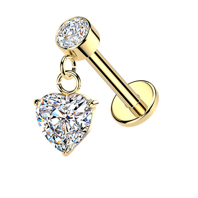 Cherry Diva Flat Back Stud Gold 16 Gauge Hypoallergenic Internally Threaded Dangling Heart Stud
