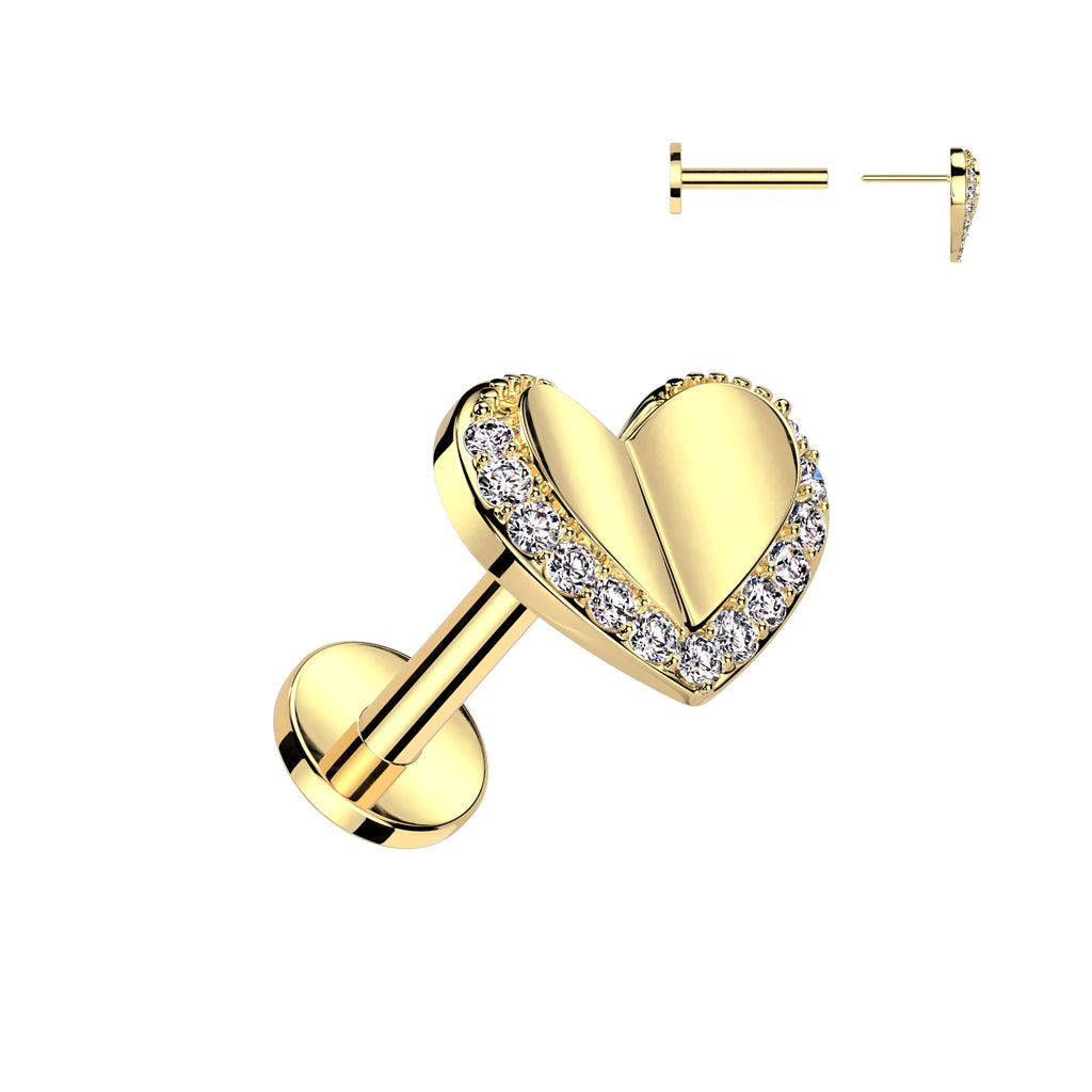 Cherry Diva Flat Back Stud Gold 16 Gauge Internally Threaded Crystal Trim Heart Piercing Stud