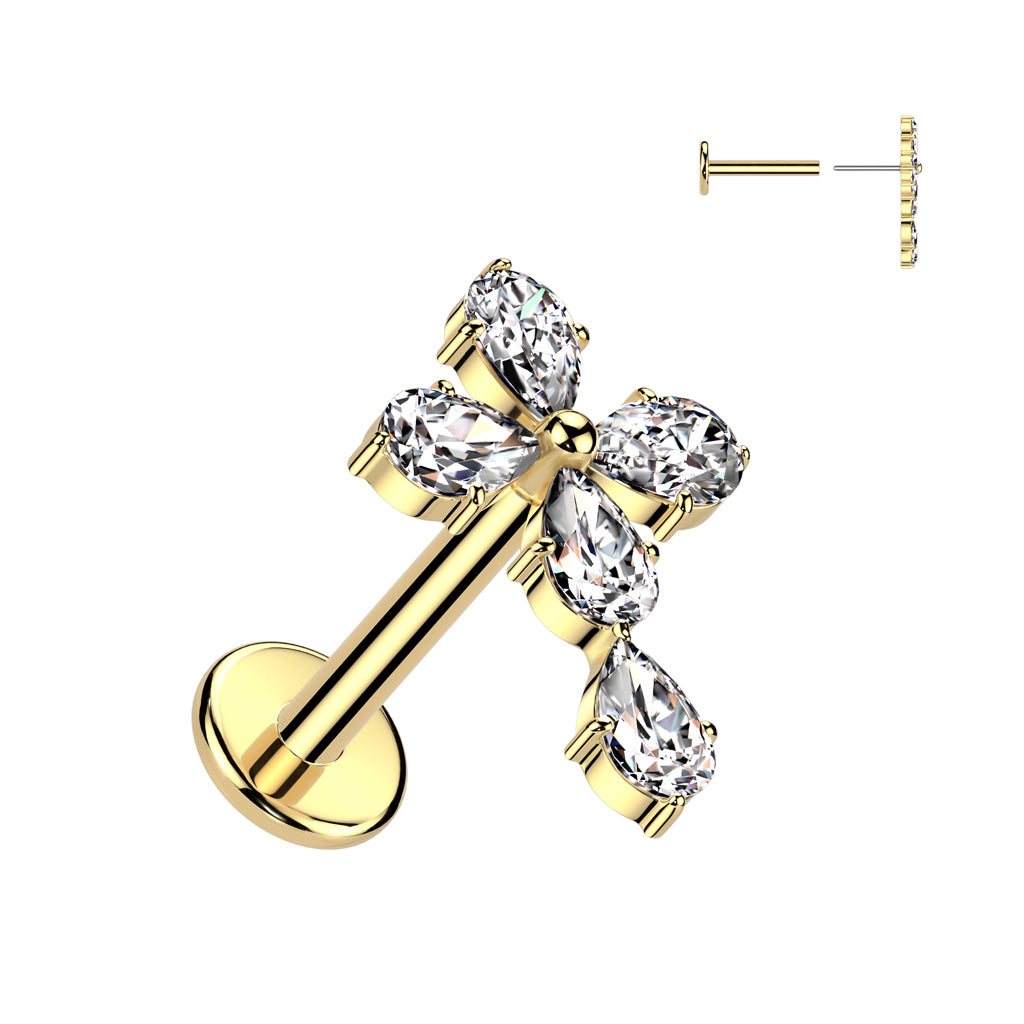 Cherry Diva Flat Back Stud Gold 16 Gauge Threadless Crystal Cross Cartilage Stud