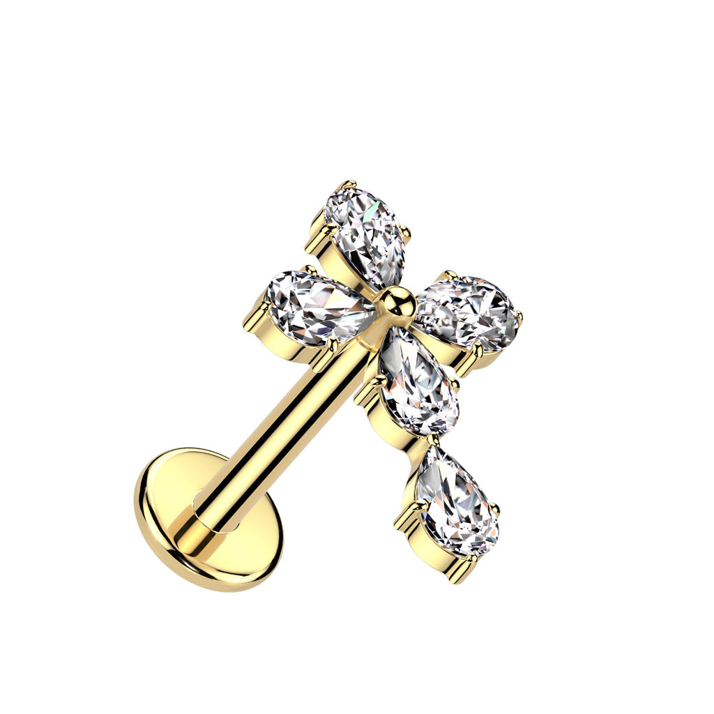 Cherry Diva Flat Back Stud Gold 16 Gauge Threadless Crystal Cross Cartilage Stud