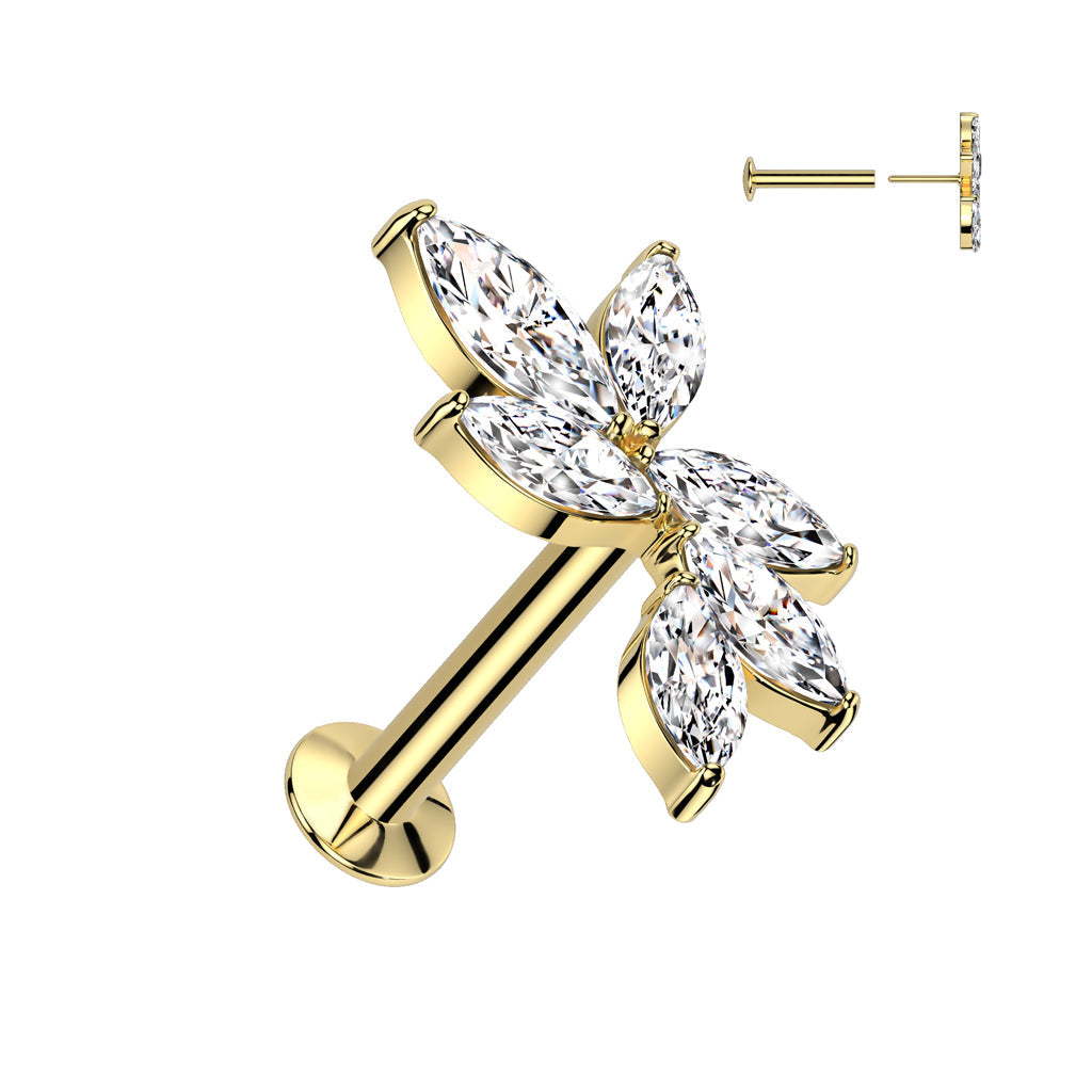 Cherry Diva Flat Back Stud Gold 16 Gauge Threadless Crystal Petals Cartilage Stud