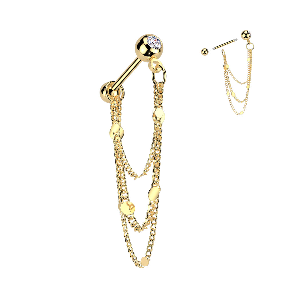Cherry Diva Flat Back Stud Gold 16 Gauge Threadless Dangling Chain Barbell Stud