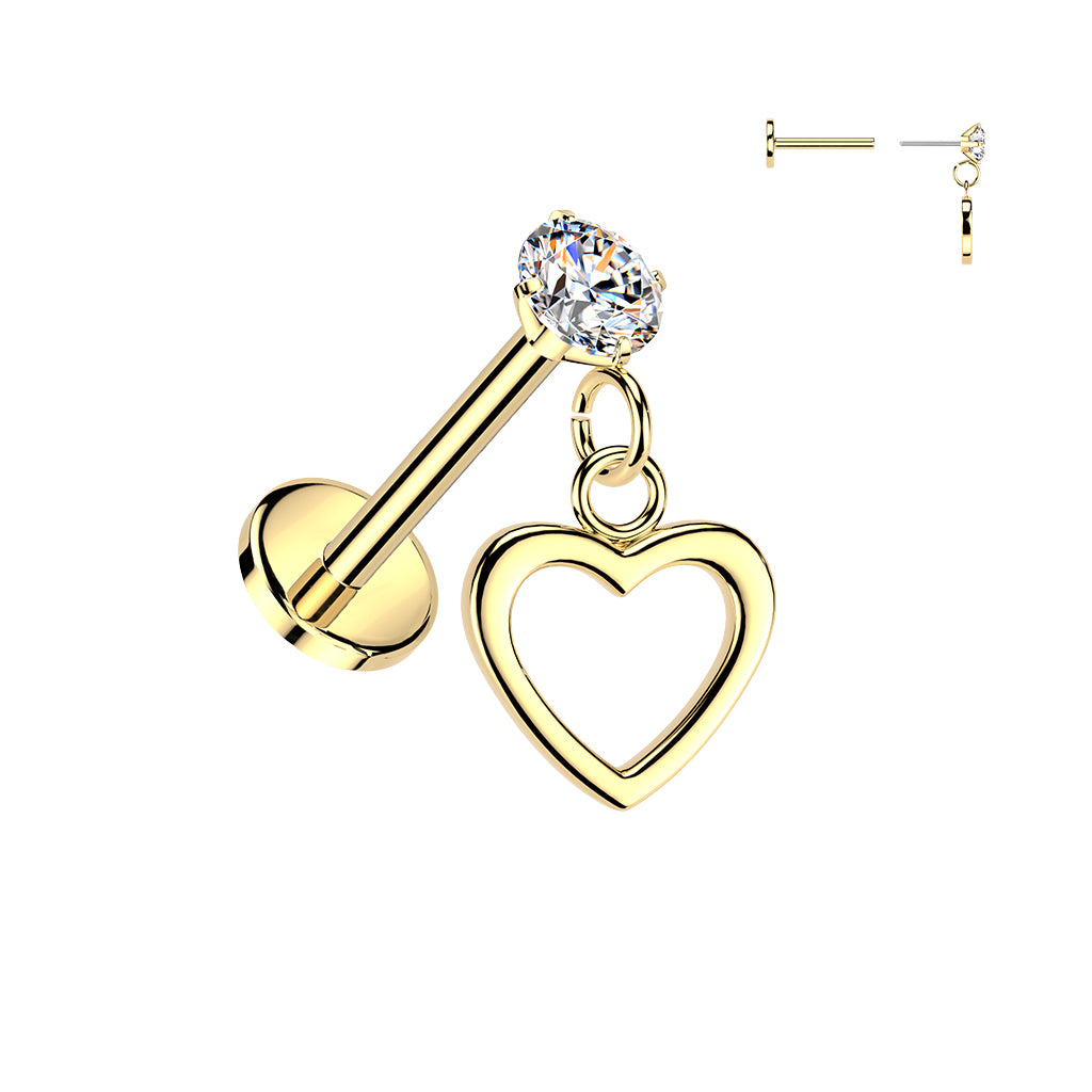 Cherry Diva Flat Back Stud Gold 16 Gauge Threadless Dangling Hollow Heart Stud
