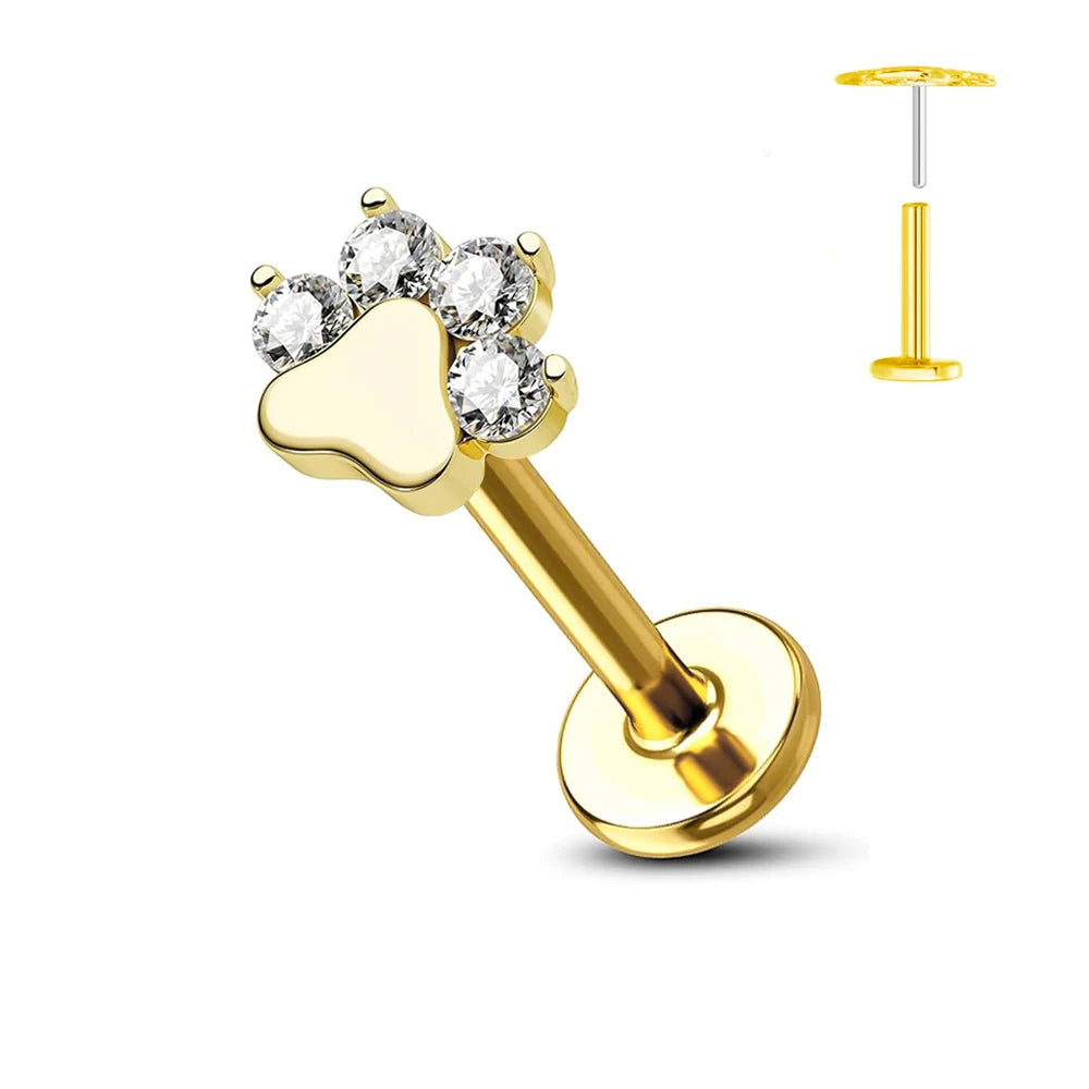 Cherry Diva Flat Back Stud Gold 16 Gauge Threadless Titanium Crystal Paw Stud