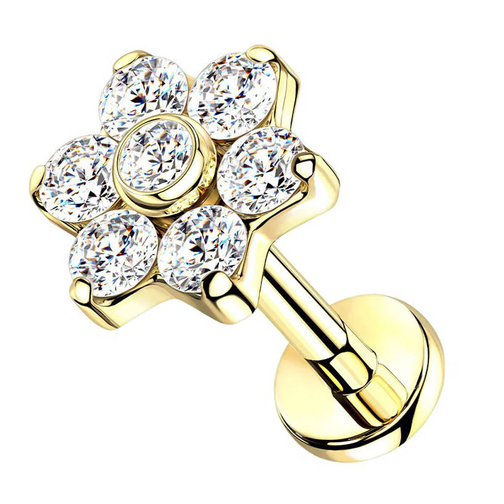 Cherry Diva Flat Back Stud Gold 16 Gauge Titanium Crystal Flower Cartilage Stud