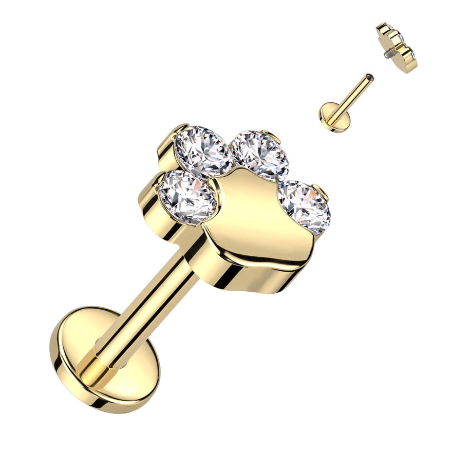 Cherry Diva Flat Back Stud Gold 16 Gauge Titanium Internally Threaded Crystal Paw Stud