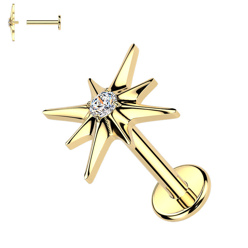 Cherry Diva Flat Back Stud Gold 16 Gauge Titanium Internally Threaded Crystal Starburst Stud